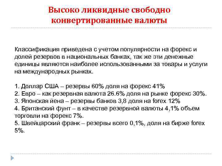 Высоко ликвидные свободно конвертированные валюты Классификация приведена с учетом популярности на форекс и долей