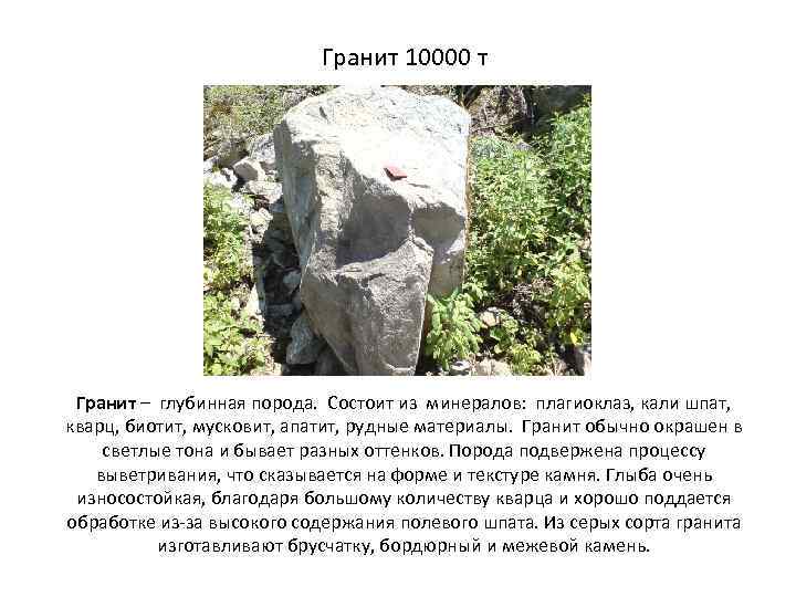 Гранит 10000 т Гранит – глубинная порода. Состоит из минералов: плагиоклаз, кали шпат, кварц,