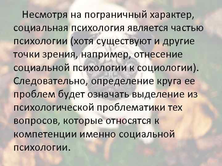 Несмотря на пограничный характер, социальная психология является частью психологии (хотя существуют и другие точки