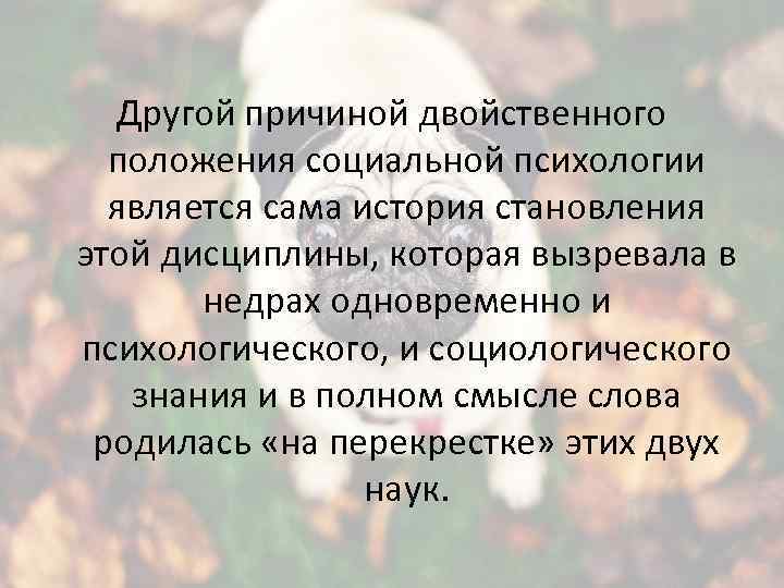 Другой причиной двойственного положения социальной психологии является сама история становления этой дисциплины, которая вызревала