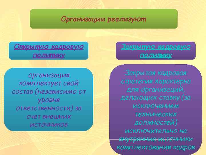 Организации реализуют: Открытую кадровую политику Закрытую кадровую политику организация комплектует свой состав (независимо от