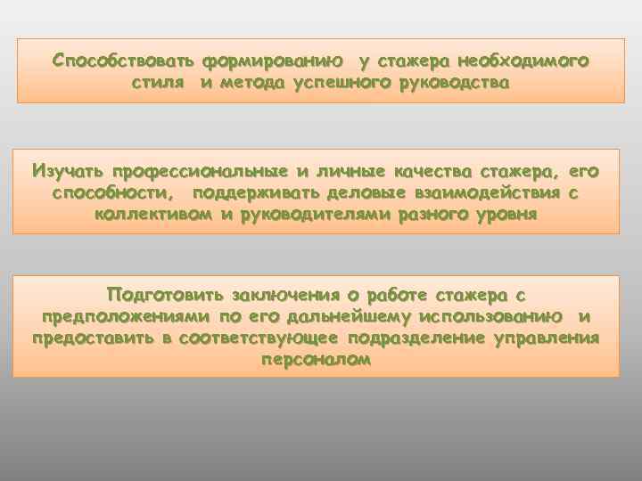 Способствовать формированию у стажера необходимого стиля и метода успешного руководства Изучать профессиональные и личные