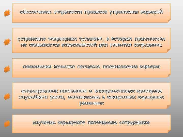 обеспечение открытости процесса управления карьерой устранение «карьерных тупиков» , в которых практически не оказывается