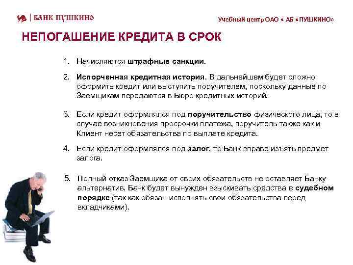 Учебный центр ОАО « АБ «ПУШКИНО» НЕПОГАШЕНИЕ КРЕДИТА В СРОК 1. Начисляются штрафные санкции.