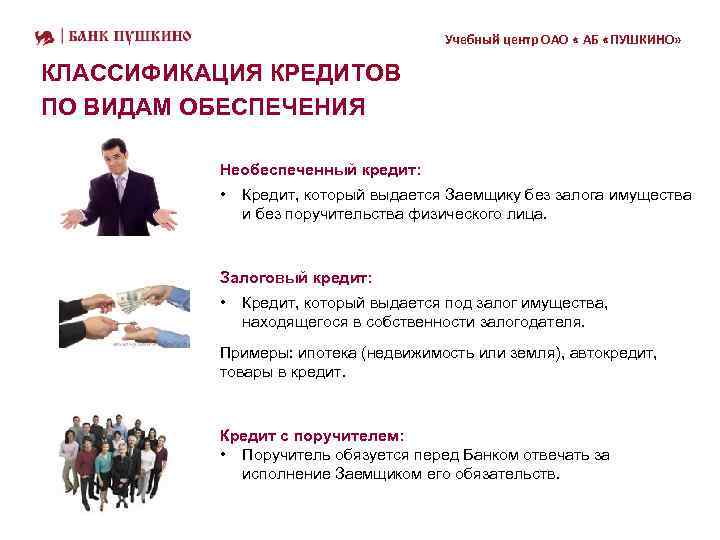 Учебный центр ОАО « АБ «ПУШКИНО» КЛАССИФИКАЦИЯ КРЕДИТОВ ПО ВИДАМ ОБЕСПЕЧЕНИЯ Необеспеченный кредит: •