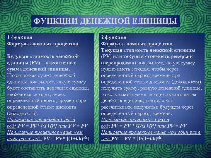 ФУНКЦИИ ДЕНЕЖНОЙ ЕДИНИЦЫ 1 функция Формула сложных процентов Будущая стоимость денежной единицы (FV) –