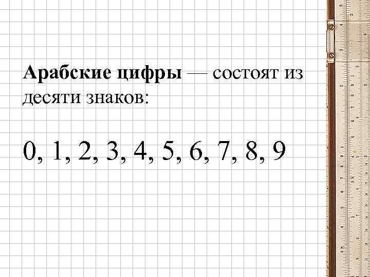 Арабские цифры — состоят из десяти знаков: 0, 1, 2, 3, 4, 5, 6,