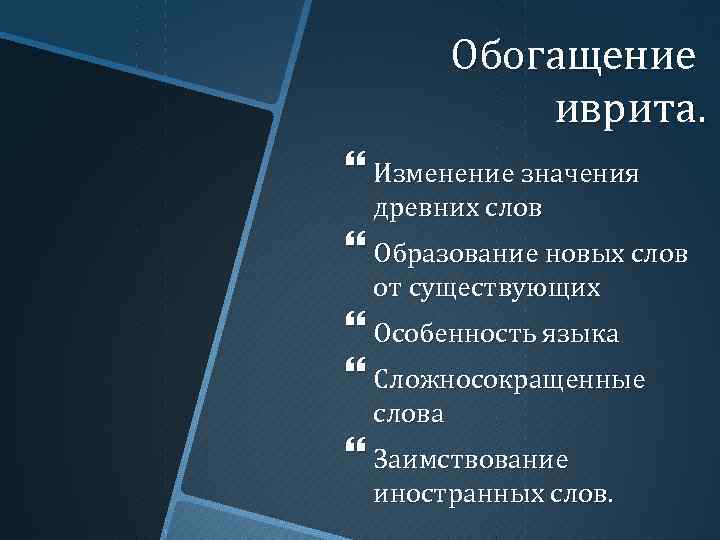 Обогащение иврита. Изменение значения древних слов Образование новых слов от существующих Особенность языка Сложносокращенные