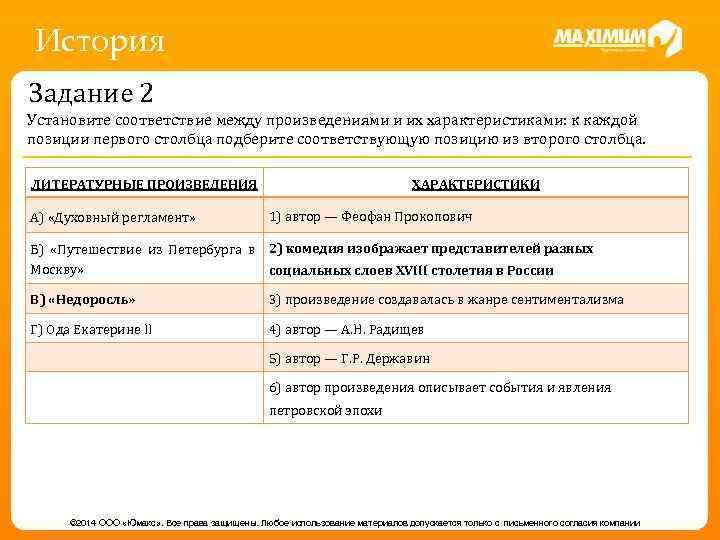 История Задание 2 Установите соответствие между произведениями и их характеристиками: к каждой позиции первого