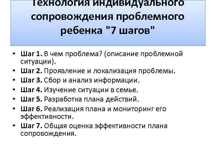 Технология индивидуального сопровождения проблемного ребенка "7 шагов" • Шаг 1. В чем проблема? (описание