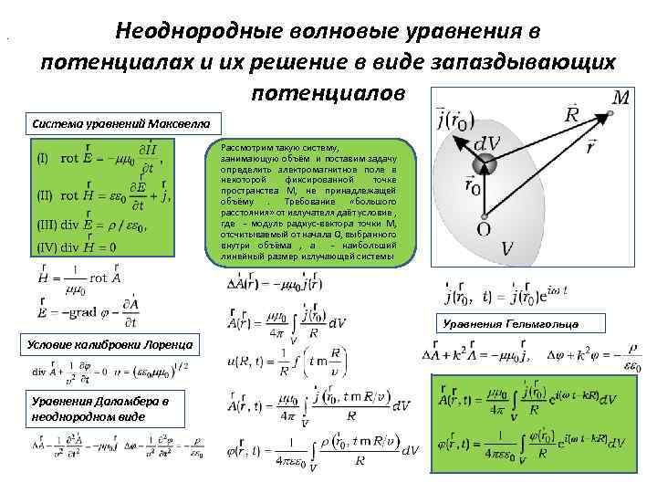 . Неоднородные волновые уравнения в потенциалах и их решение в виде запаздывающих потенциалов Система