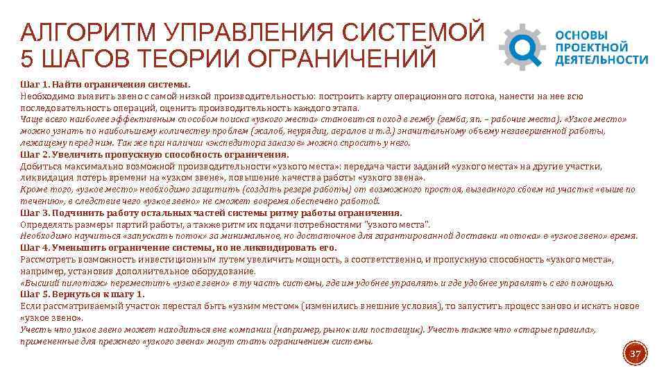 АЛГОРИТМ УПРАВЛЕНИЯ СИСТЕМОЙ 5 ШАГОВ ТЕОРИИ ОГРАНИЧЕНИЙ Шаг 1. Найти ограничения системы. Необходимо выявить