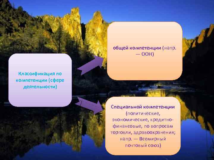 общей компетенции (напр. — ООН) Классификация по компетенции (сфере деятельности) Специальной компетенции (политические, экономические,