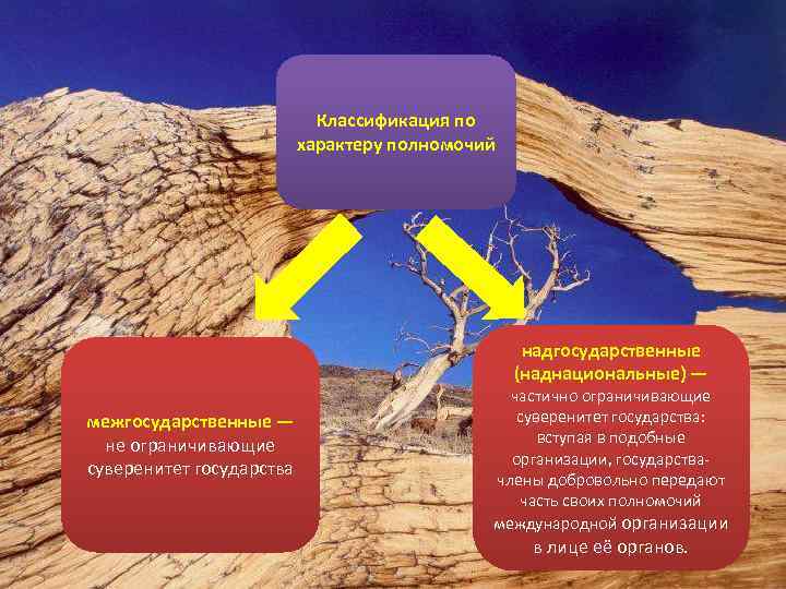 Классификация по характеру полномочий надгосударственные (наднациональные) — межгосударственные — не ограничивающие суверенитет государства частично