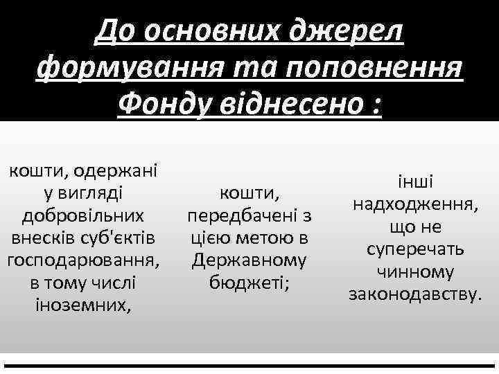 До основних джерел формування та поповнення Фонду віднесено : кошти, одержані у вигляді добровільних