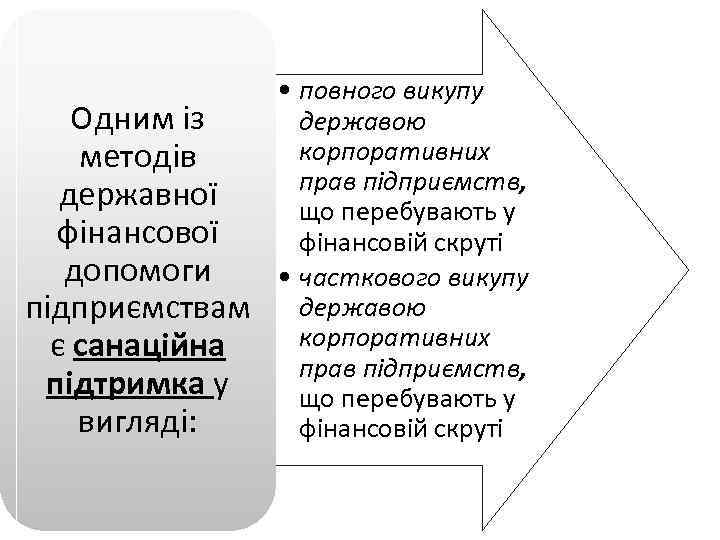 Одним із методів державної фінансової допомоги підприємствам є санаційна підтримка у вигляді: • повного