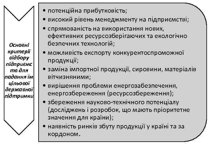 Основні критерії відбору підприємс тв для падання їм цільової державної підтримки • потенційна прибутковість;