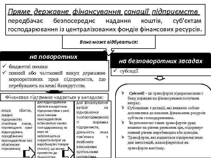 Пряме державне фінансування санації підприємств передбачає безпосереднє надання коштів, суб'єктам господарювання із централізованих фондів