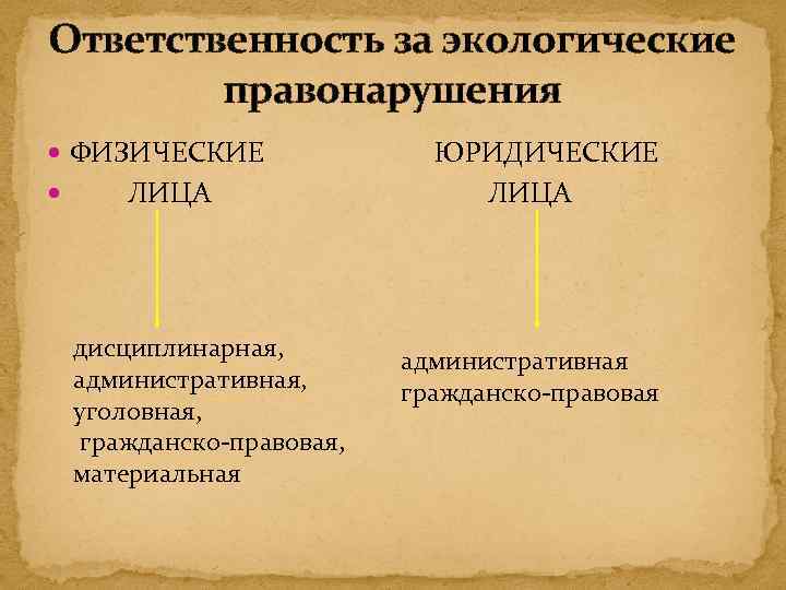 Ответственность за экологические правонарушения ФИЗИЧЕСКИЕ ЮРИДИЧЕСКИЕ ЛИЦА дисциплинарная, административная, уголовная, гражданско-правовая, материальная административная гражданско-правовая