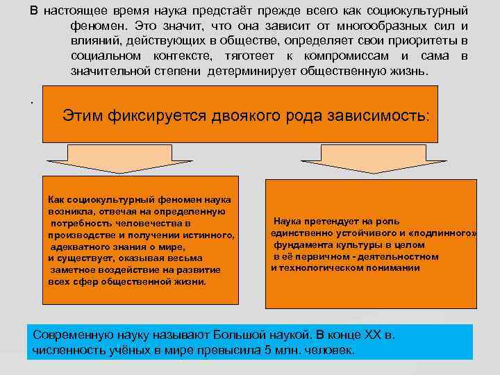 В настоящее время наука предстаёт прежде всего как социокультурный феномен. Это значит, что она