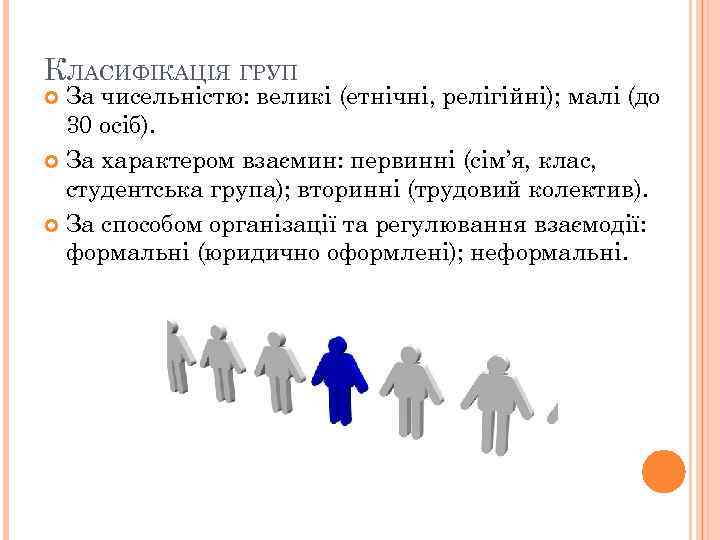 КЛАСИФІКАЦІЯ ГРУП За чисельністю: великі (етнічні, релігійні); малі (до 30 осіб). За характером взаємин: