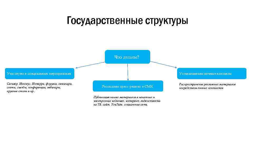 Государственные структуры Что делаем? Устанавливаем личные контакты Участвуем в специальных мероприятиях Селигер, Инновус, Интерра,