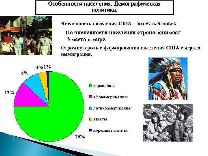 Особенности населения. Демографическая политика. Численность населения США – зоо млн. человек По численности населения