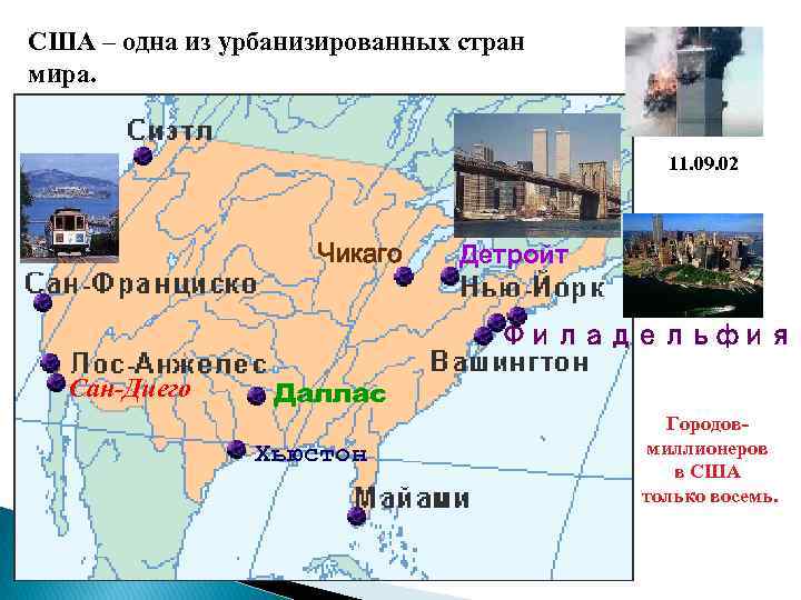 США – одна из урбанизированных стран мира. Доля горожан – 75% 11. 09. 02