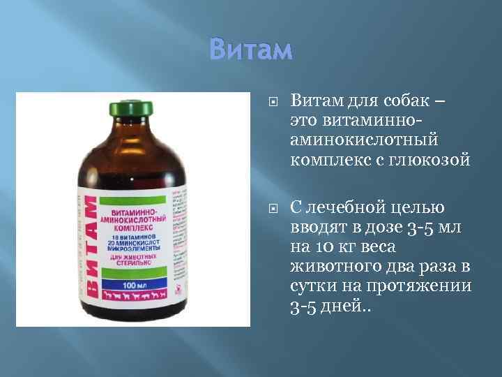 Витам для собак – это витаминноаминокислотный комплекс с глюкозой С лечебной целью вводят в