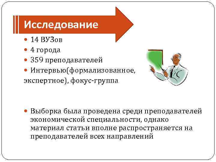 Исследование 14 ВУЗов 4 города 359 преподавателей Интервью(формализованное, экспертное), фокус-группа Выборка была проведена среди