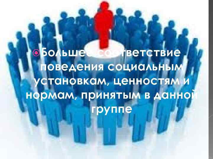  Большее соответствие поведения социальным установкам, ценностям и нормам, принятым в данной группе 