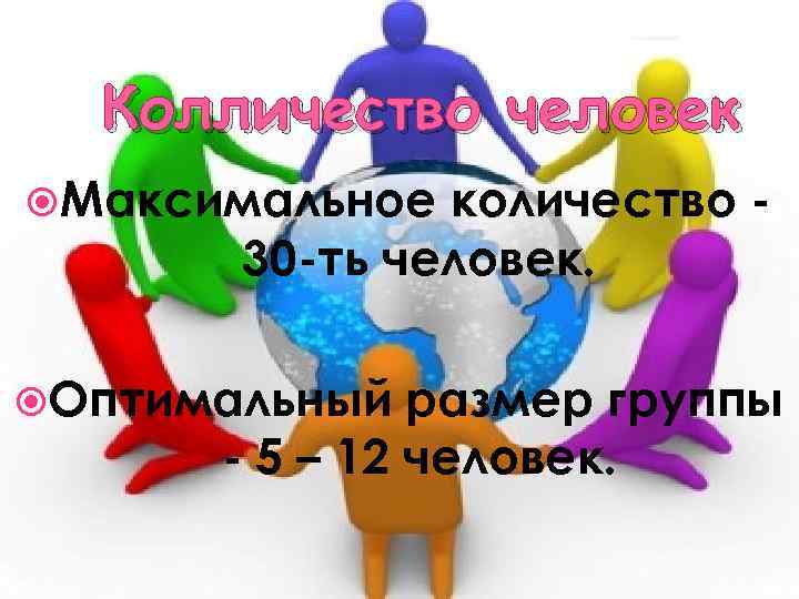 Колличество человек Максимальное количество 30 -ть человек. Оптимальный размер группы - 5 – 12
