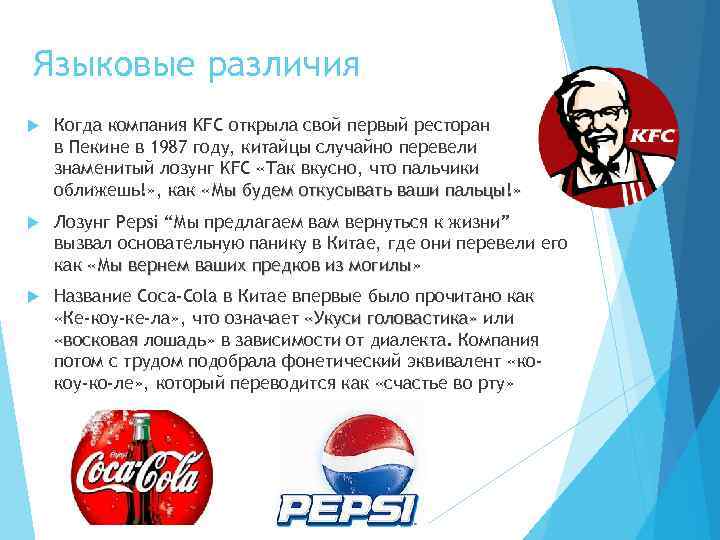 Языковые различия Когда компания KFC открыла свой первый ресторан в Пекине в 1987 году,