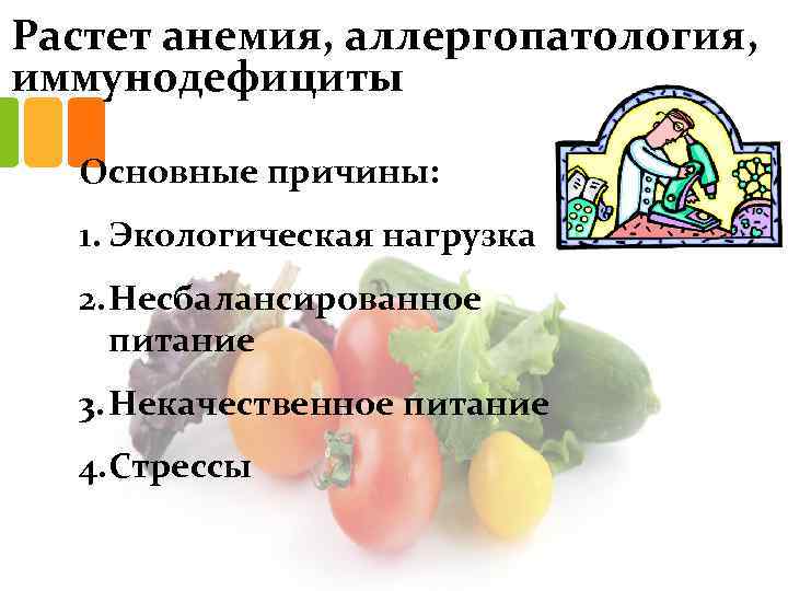 Растет анемия, аллергопатология, иммунодефициты Основные причины: 1. Экологическая нагрузка 2. Несбалансированное питание 3. Некачественное