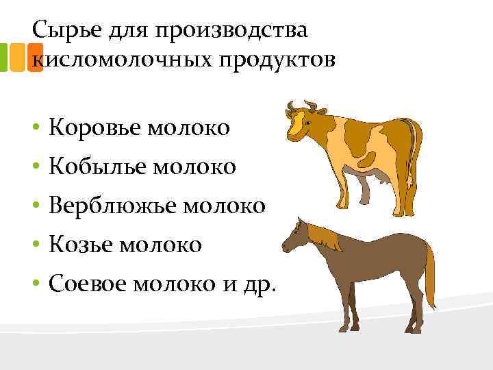 Сырье для производства кисломолочных продуктов • Коровье молоко • Кобылье молоко • Верблюжье молоко