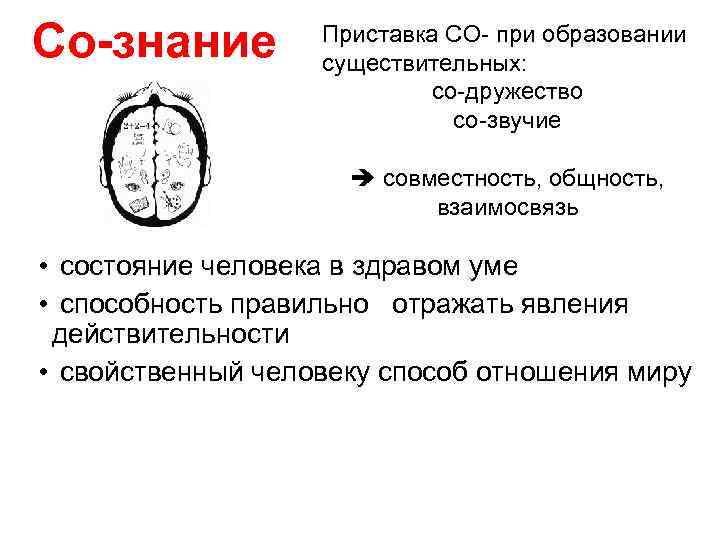 Cо-знание Приставка СО- при образовании существительных: со-дружество со-звучие совместность, общность, взаимосвязь • состояние человека