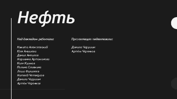 Нефть Над докладом работали: Презентацию подготовили: Никита Алексеевский Юля Анишева Данил Анпилов Марианна Артамонова