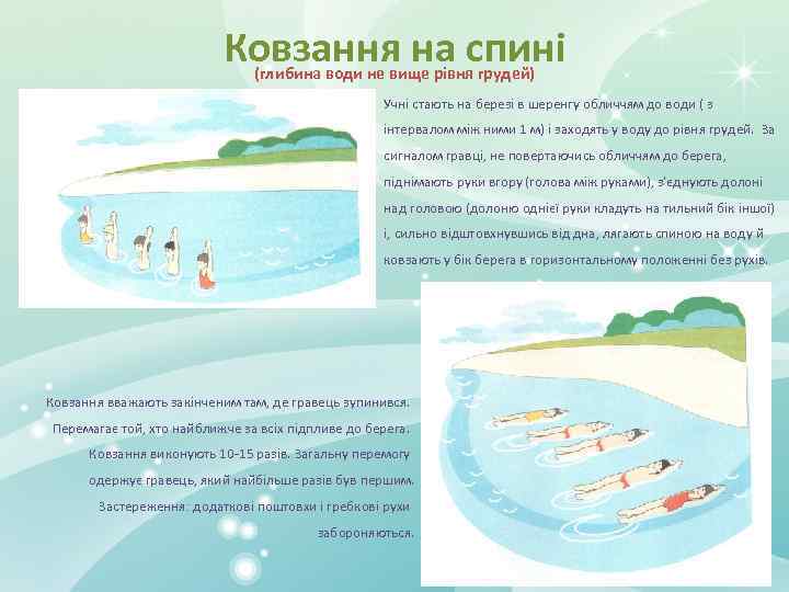 Ковзання на спині (глибина води не вище рівня грудей) Учні стають на березі в