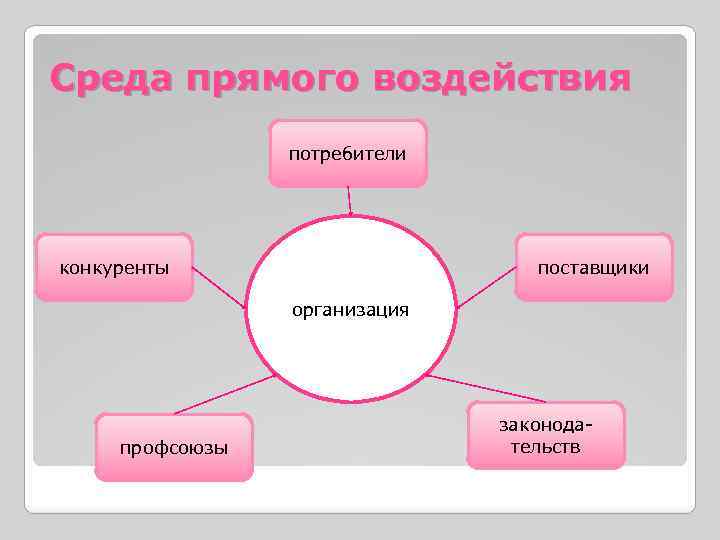 Среда прямого воздействия потребители конкуренты поставщики организация профсоюзы законодательств 