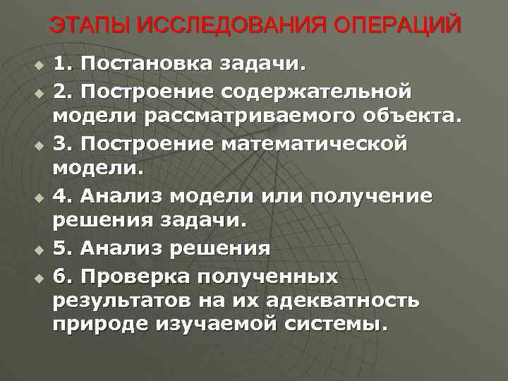 ЭТАПЫ ИССЛЕДОВАНИЯ ОПЕРАЦИЙ u u u 1. Постановка задачи. 2. Построение содержательной модели рассматриваемого