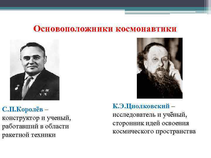 Основоположники космонавтики С. П. Королёв – конструктор и ученый, работавший в области ракетной техники