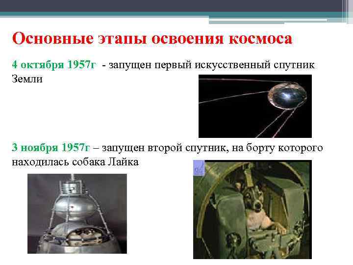 Основные этапы освоения космоса 4 октября 1957 г - запущен первый искусственный спутник Земли