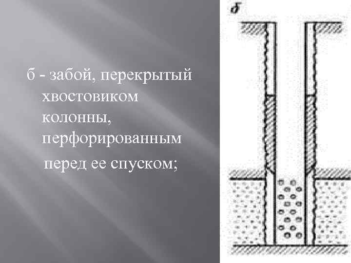 б - забой, перекрытый хвостовиком колонны, перфорированным перед ее спуском; 