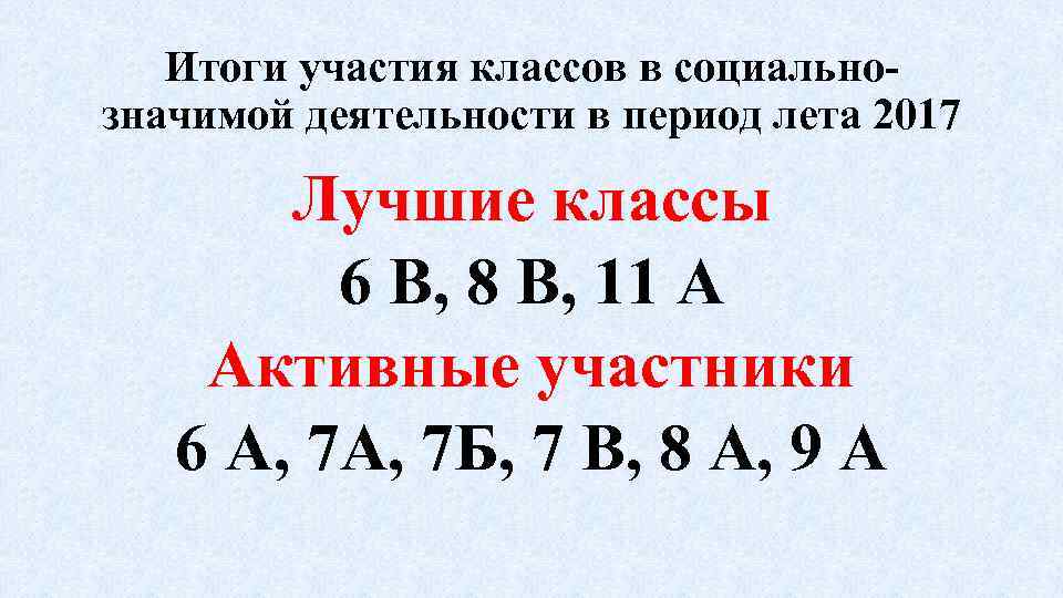 Итоги участия классов в социальнозначимой деятельности в период лета 2017 Лучшие классы 6 В,