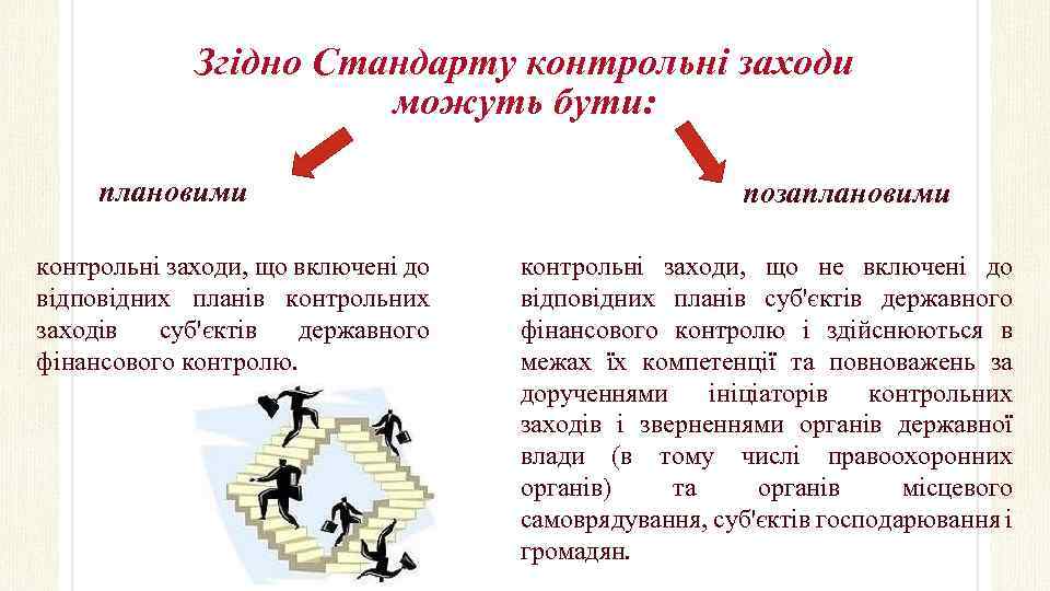 Згідно Стандарту контрольні заходи можуть бути: плановими контрольні заходи, що включені до відповідних планів