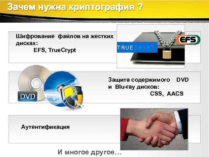 Зачем нужна криптография ? Шифрование файлов на жестких дисках: EFS, True. Crypt Защита содержимого