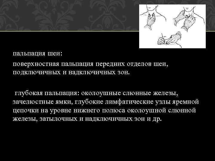 пальпация шеи: поверхностная пальпация передних отделов шеи, подключичных и надключичных зон. глубокая пальпация: околоушные