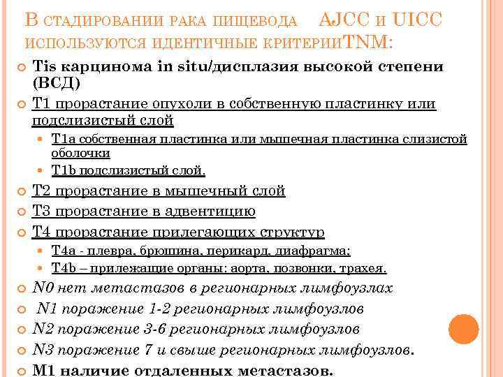 В СТАДИРОВАНИИ РАКА ПИЩЕВОДА AJCC И UICC ИСПОЛЬЗУЮТСЯ ИДЕНТИЧНЫЕ КРИТЕРИИ TNM: Tis карцинома in