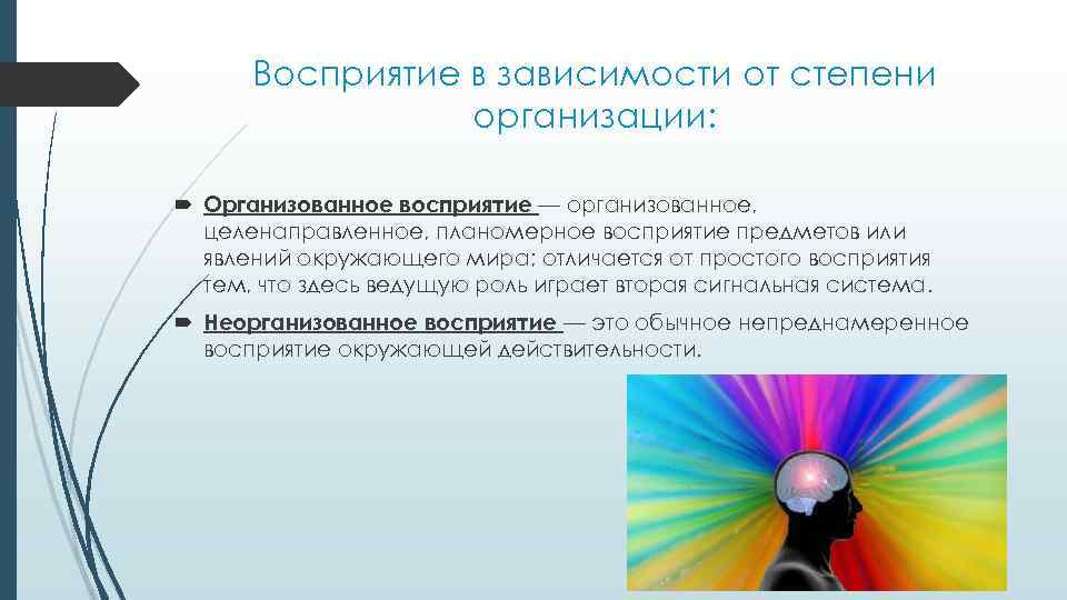 Восприятие в зависимости от степени организации: Организованное восприятие — организованное, целенаправленное, планомерное восприятие предметов