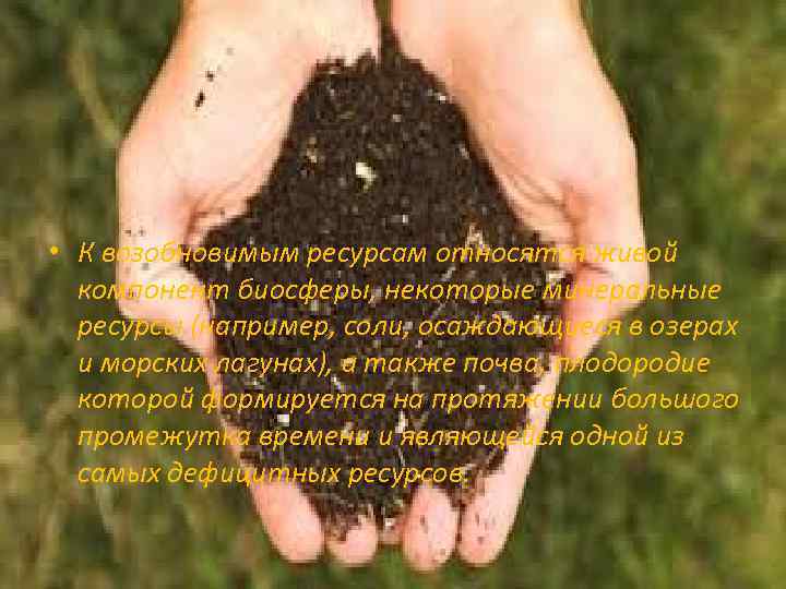  • К возобновимым ресурсам относятся живой компонент биосферы, некоторые минеральные ресурсы (например, соли,